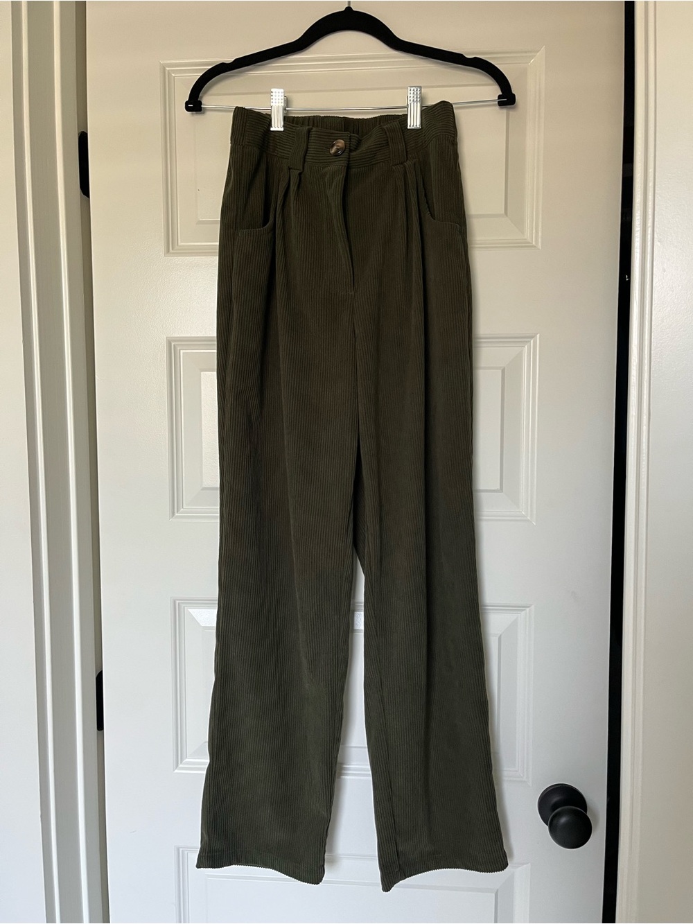 High-Waist Olive Green Wide-Leg Corduroy Pants